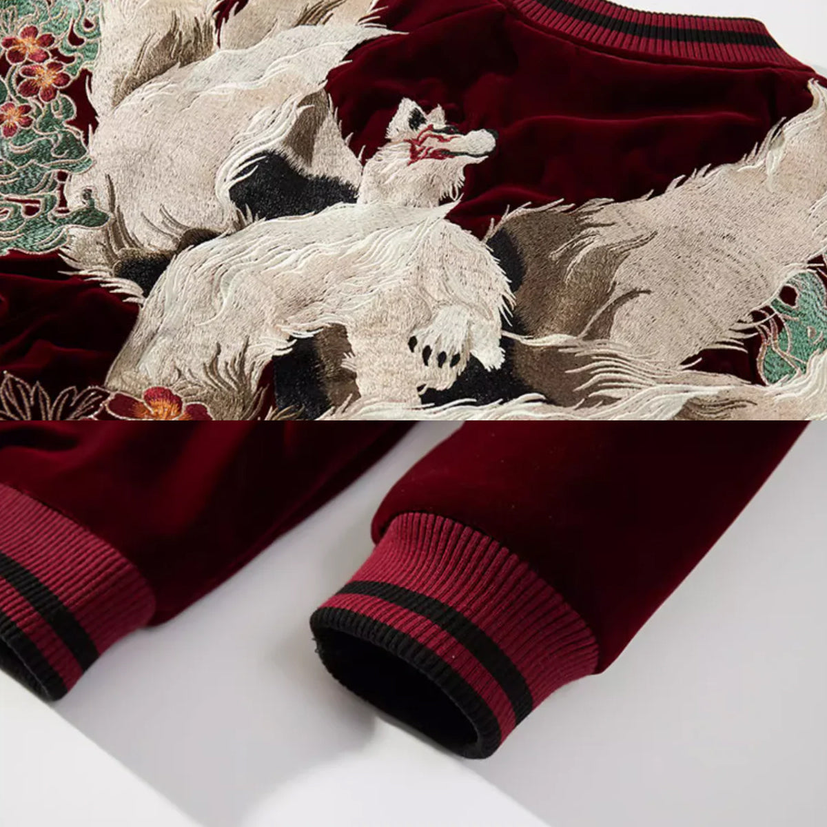 Kitsune Spirit Sukajan Bomber Jacket (Black & Red)