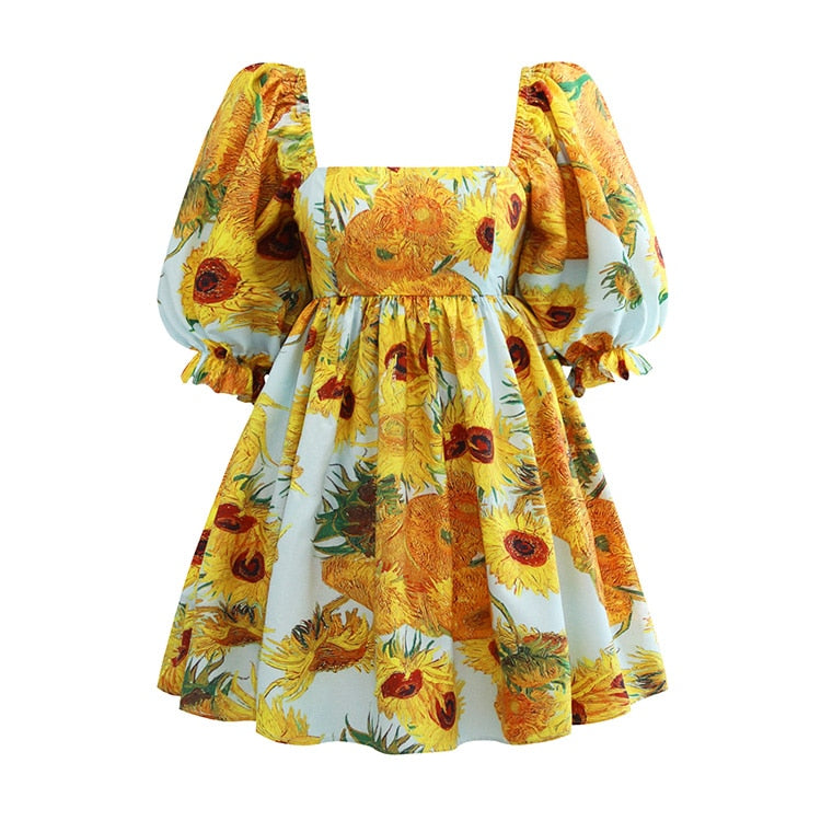 Van Gogh Sunflowers Puffy mini dress – Galartsy Van Gogh Sunflowers Puffy mini dress – Galartsy