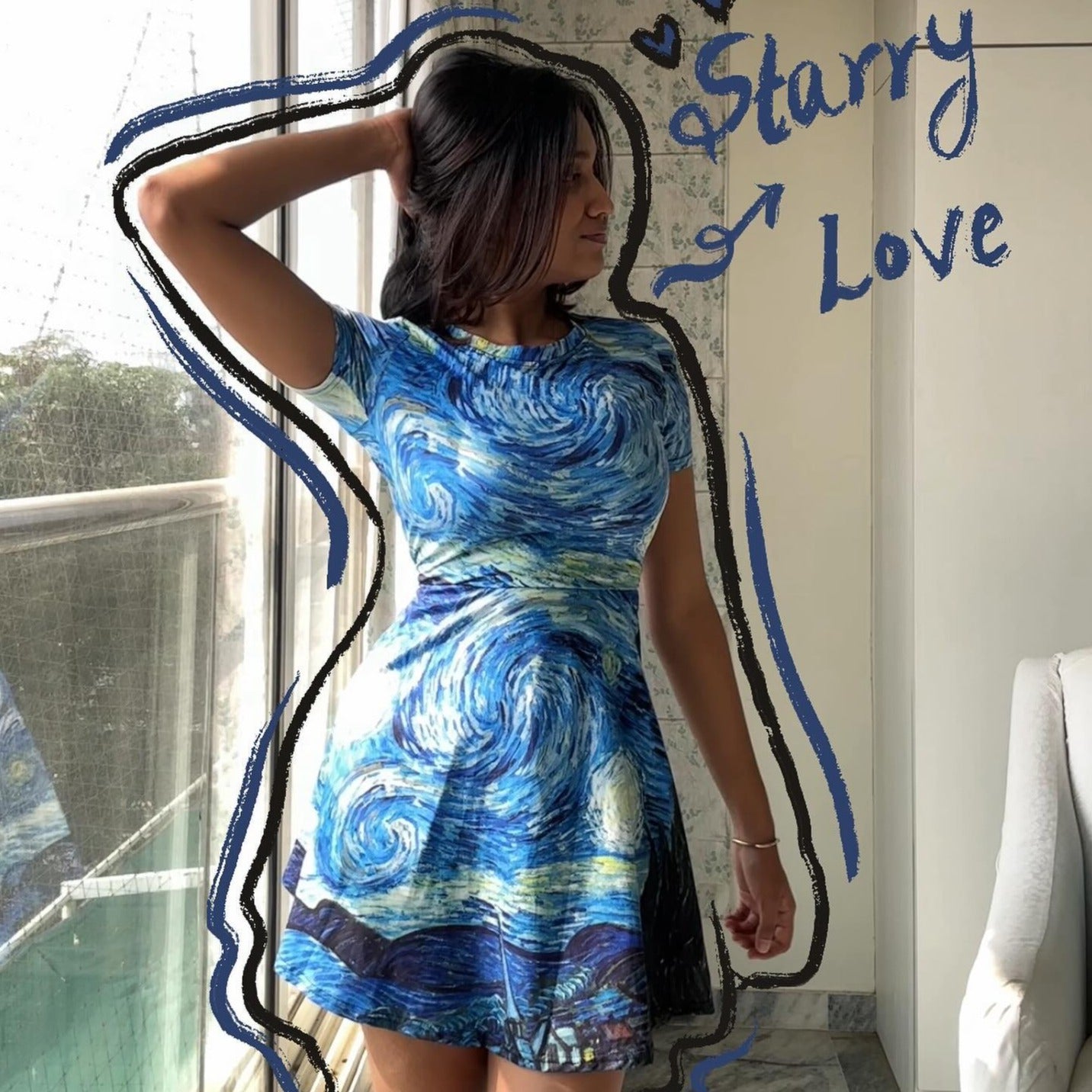 blue van gogh dress Starry Night Bodycon Dress | Van Gogh Inspired Blue Swirl Art Dress | Fitted Mini Dress | Museum Style Wearable Art