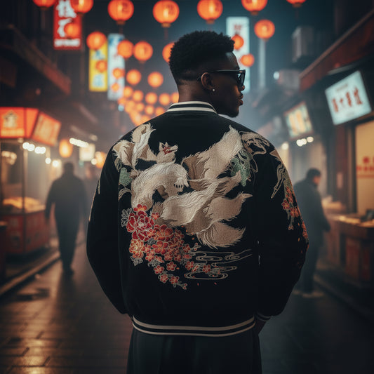 Kitsune Spirit Sukajan Bomber Jacket (Black & Red)