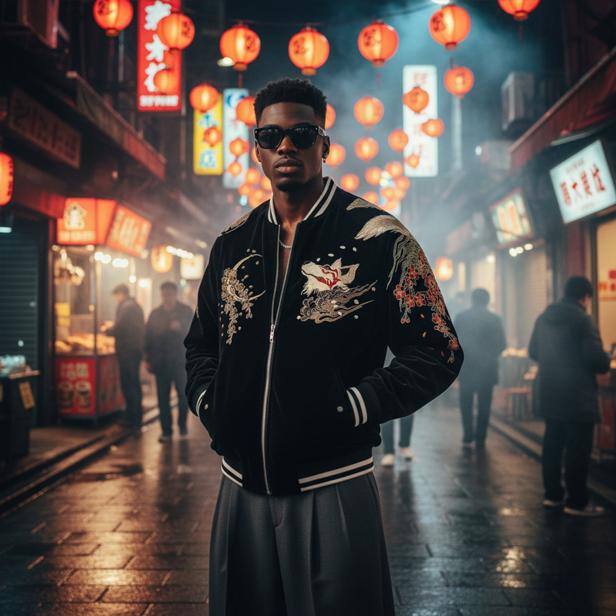 Kitsune Spirit Sukajan Bomber Jacket (Black & Red) – Galartsy