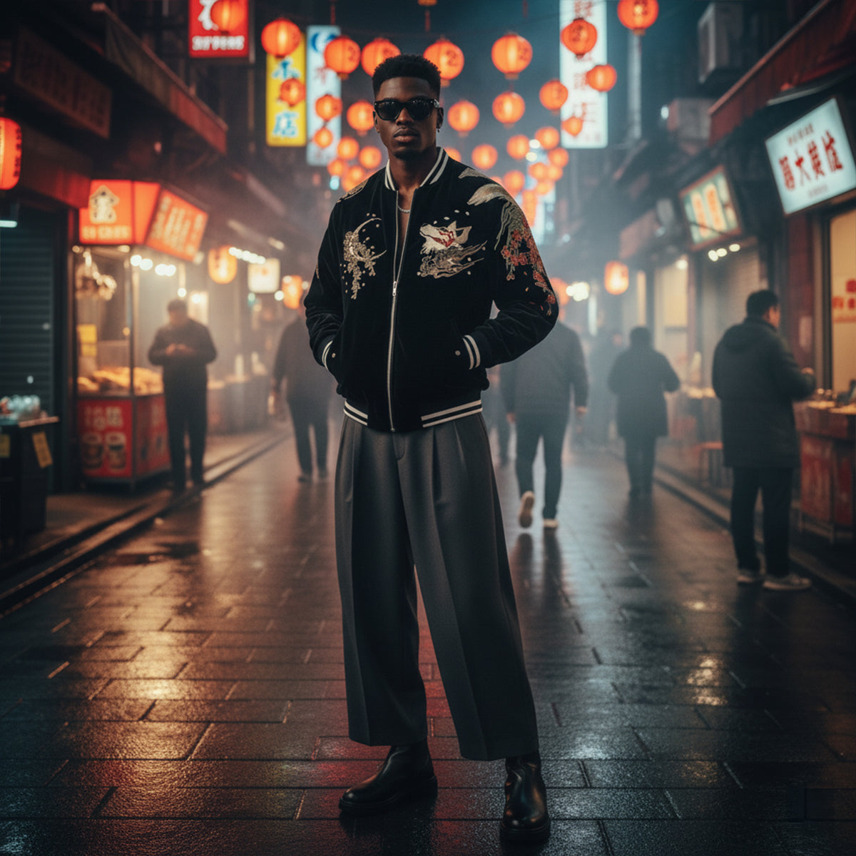 Kitsune Spirit Sukajan Bomber Jacket (Black & Red) – Galartsy