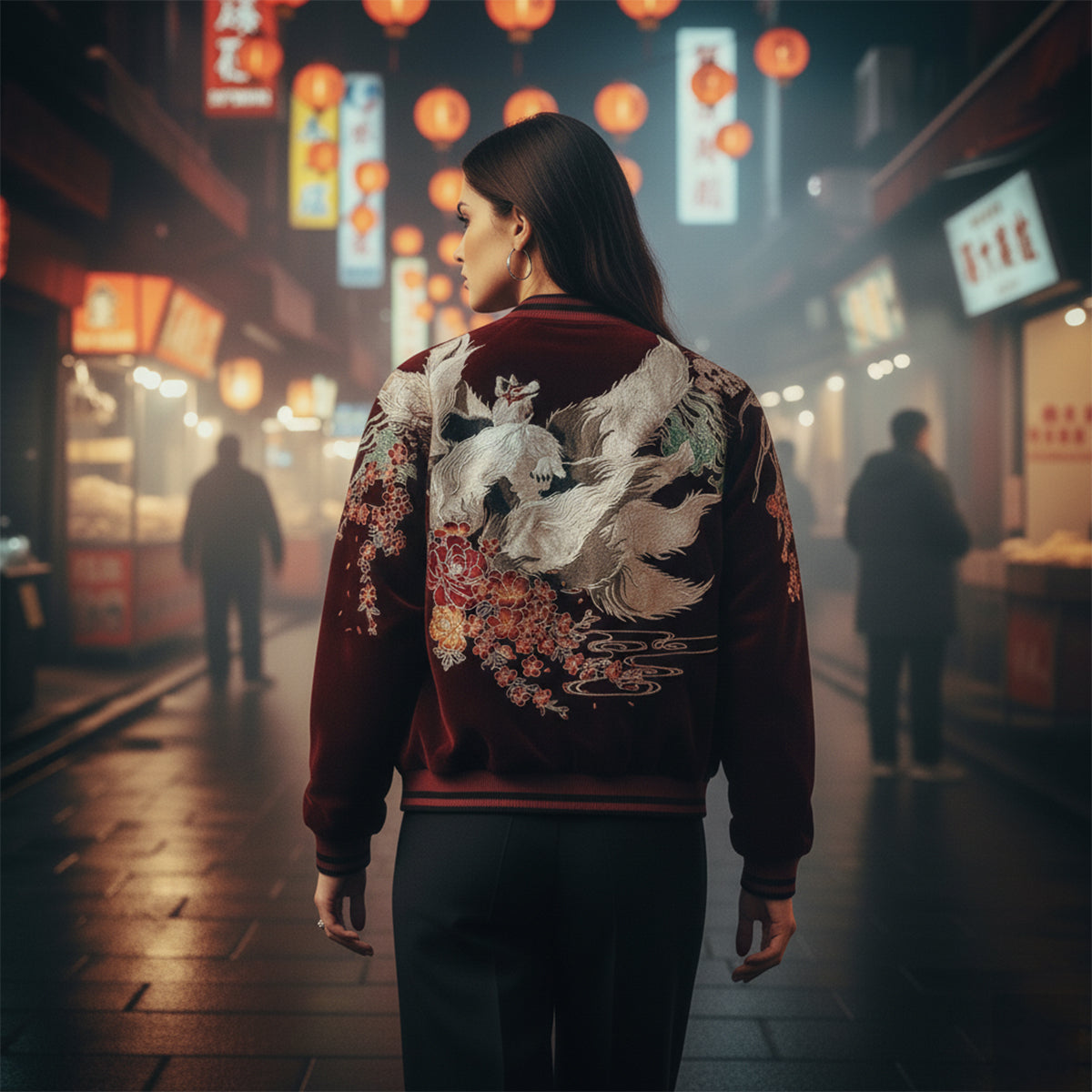 Kitsune Spirit Sukajan Bomber Jacket (Black & Red) – Galartsy