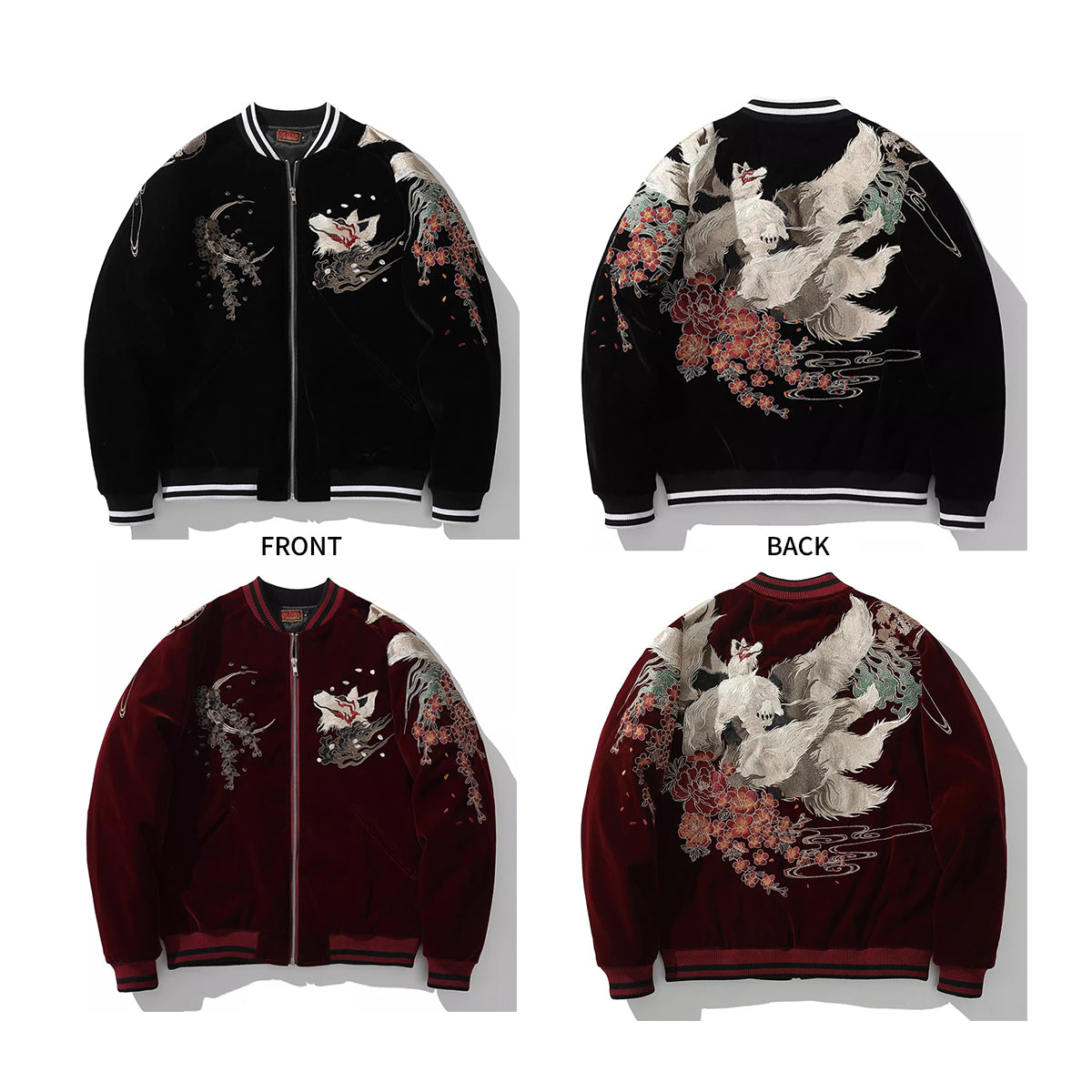 Kitsune Spirit Sukajan Bomber Jacket (Black & Red)