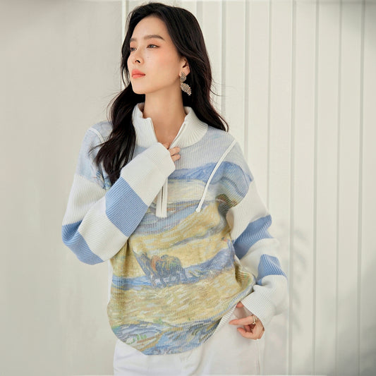 Pull demi-zip avec paysage de Van Gogh