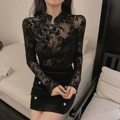 Black Lace Sheer Turtleneck Top