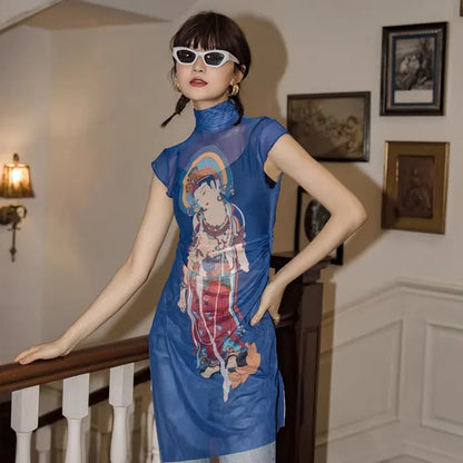 Buddhist Art Inspired Mesh Turtleneck Top