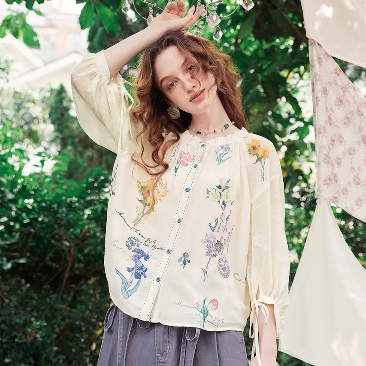 Van Gogh Floral Lantern Sleeve Blouse