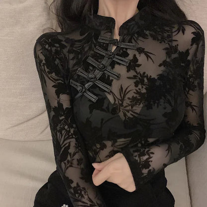 Black Lace Sheer Turtleneck Top