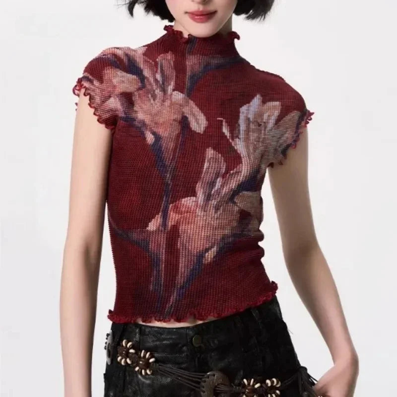 Vintage Graphic Mock-Neck Crop Top