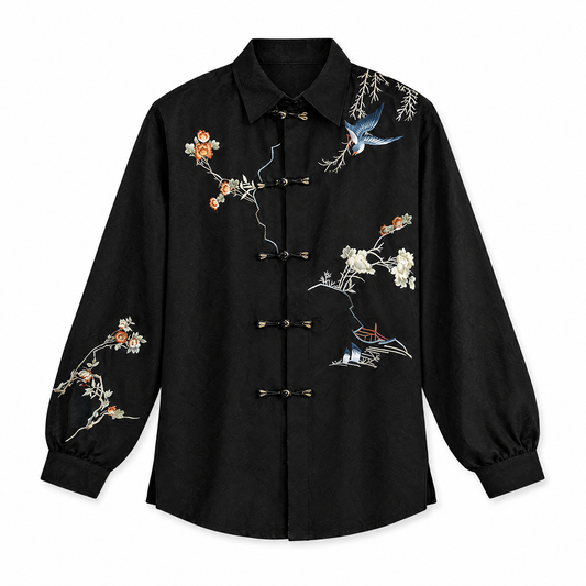 bird blossom mandarin shirt flat lay on white background