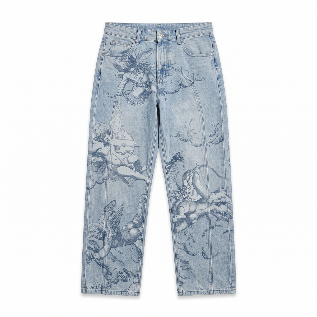 Cherub Engraving Baggy Jeans — front flat lay on white
