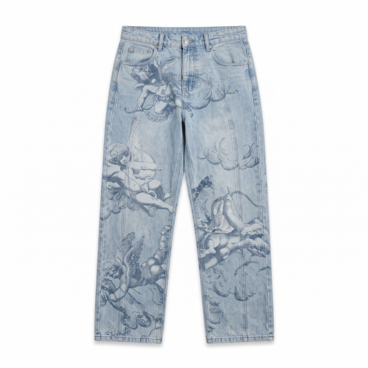 Cherub Engraving Baggy Jeans — front flat lay on white
