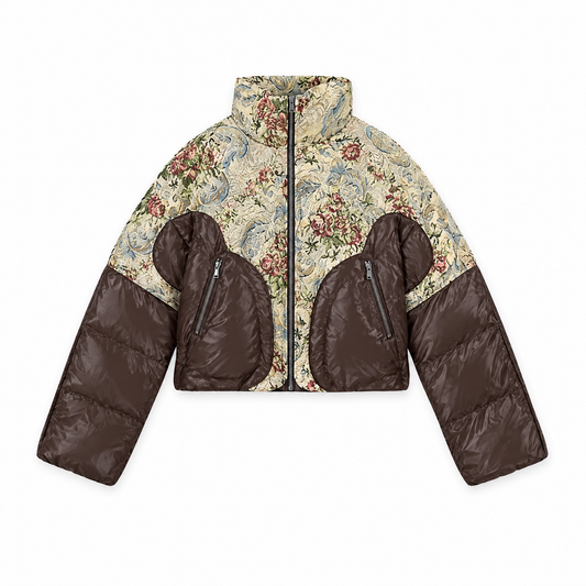 embroidered jacquard winter jacket flat lay on white background