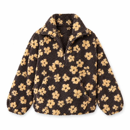 floral sherpa coffee flat lay on white background
