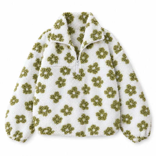 floral sherpa green flat lay on white background