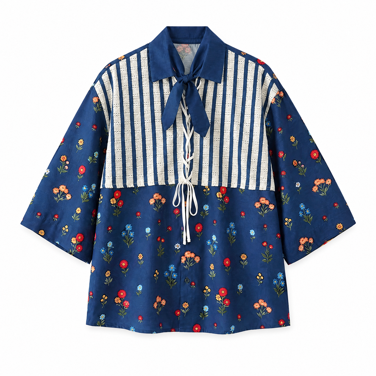 Botanical Patchwork Short Sleeve Shirt flat lay on white background