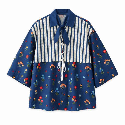 Botanical Patchwork Short Sleeve Shirt flat lay on white background