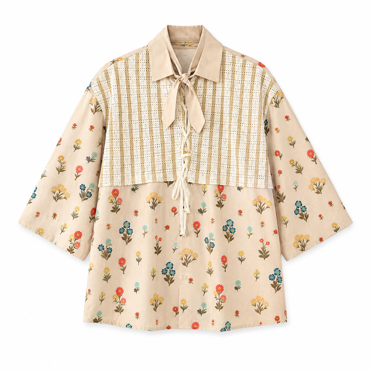 Botanical Patchwork Short Sleeve Shirt Khaki flat lay on white background