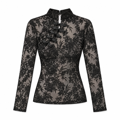 Black Lace Sheer Turtleneck Top flat lay on white background