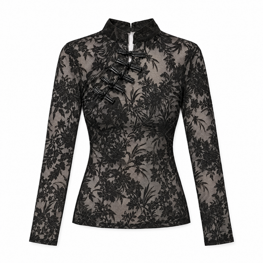 Black Lace Sheer Turtleneck Top flat lay on white background