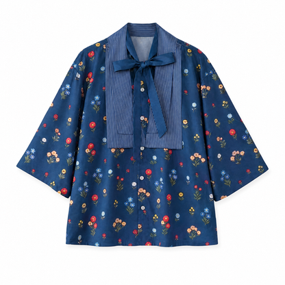 Floral Patchwork Tie-Up Shirt Dark Blue flat lay on white background