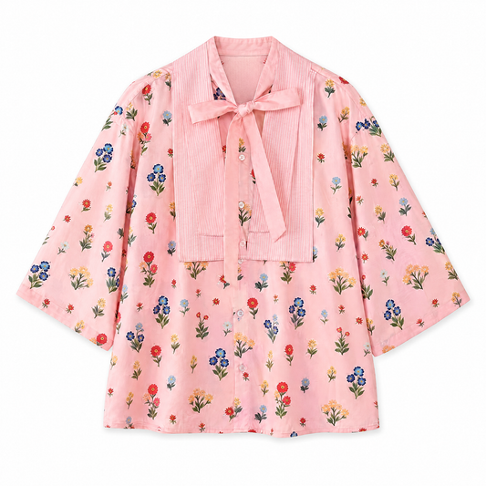 Floral Patchwork Tie-Up Shirt flat lay on white background