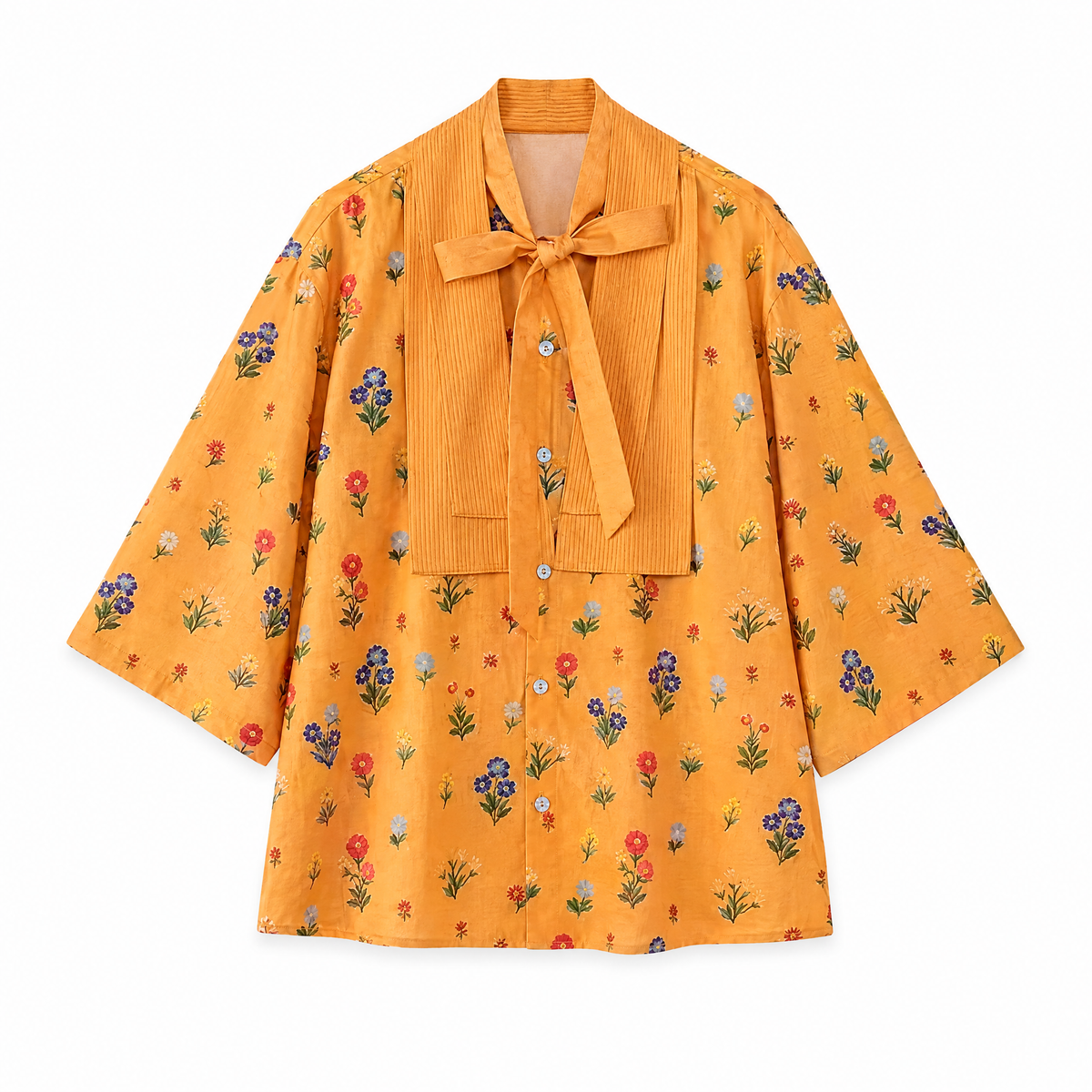 Floral Patchwork Tie-Up Shirt Yellow flat lay on white background