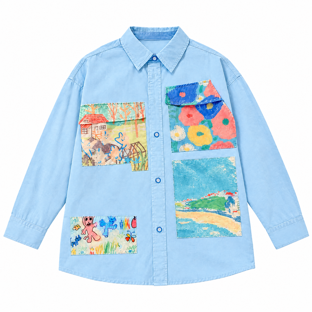 Oil Painting Inspired Oversized Shirt Sky Blue flat lay on white background