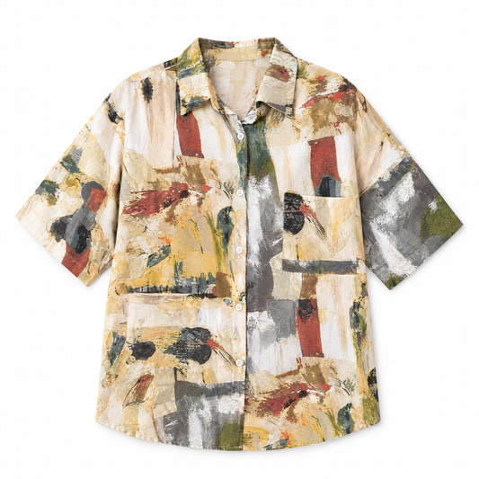 Oil Painting Inspired Button-Up Blouse flat lay on white background