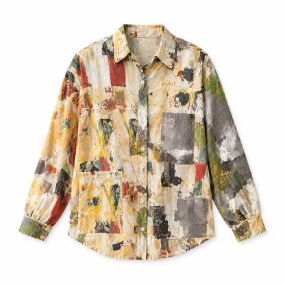 Oil Painting Inspired Button-Up Blouse Long sleeve flat lay on white background