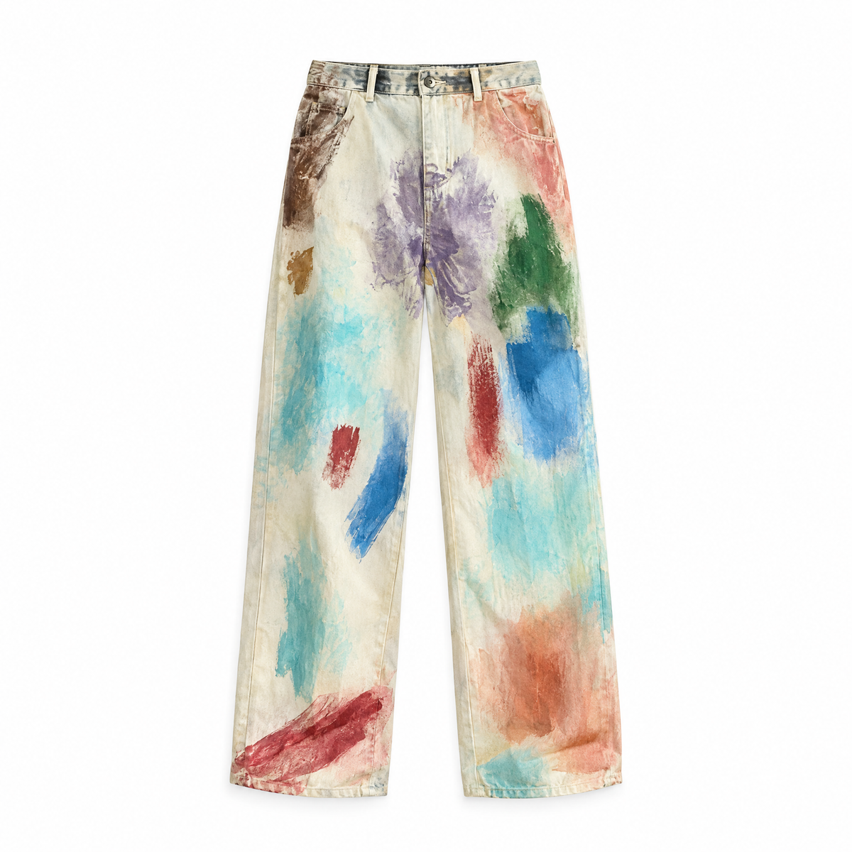 Painted Art Baggy Jeans flat lay on white background