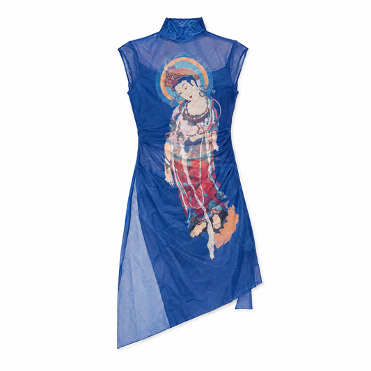 Buddhist Art Inspired Mesh Turtleneck Top flat lay on white background