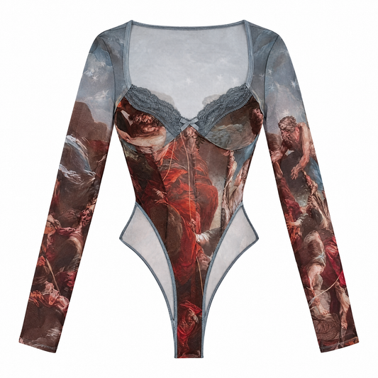 Baroque Rapture Mesh Bodysuit flat lay on white background