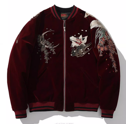Kitsune Spirit Sukajan Bomber Jacket (Black & Red)