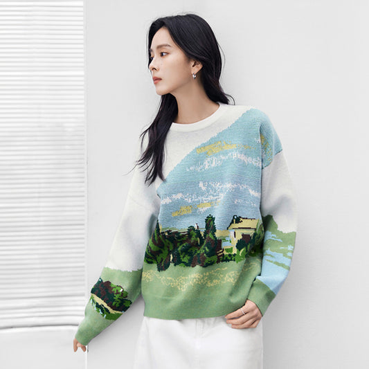 Green Wheat Field with Cypress Sweater