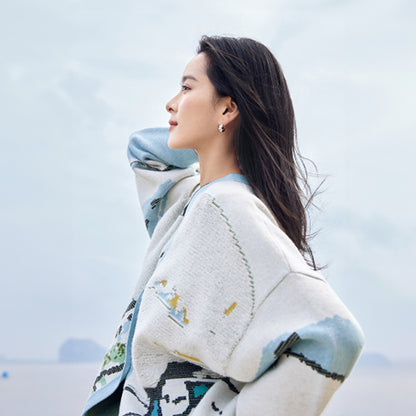 Green Wheat Field with Cypress Abstract Cardigan