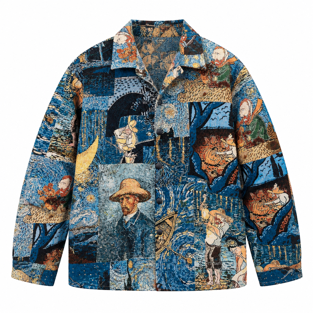 Van Gogh’s Painted World Jacket — blue art collage front flat lay