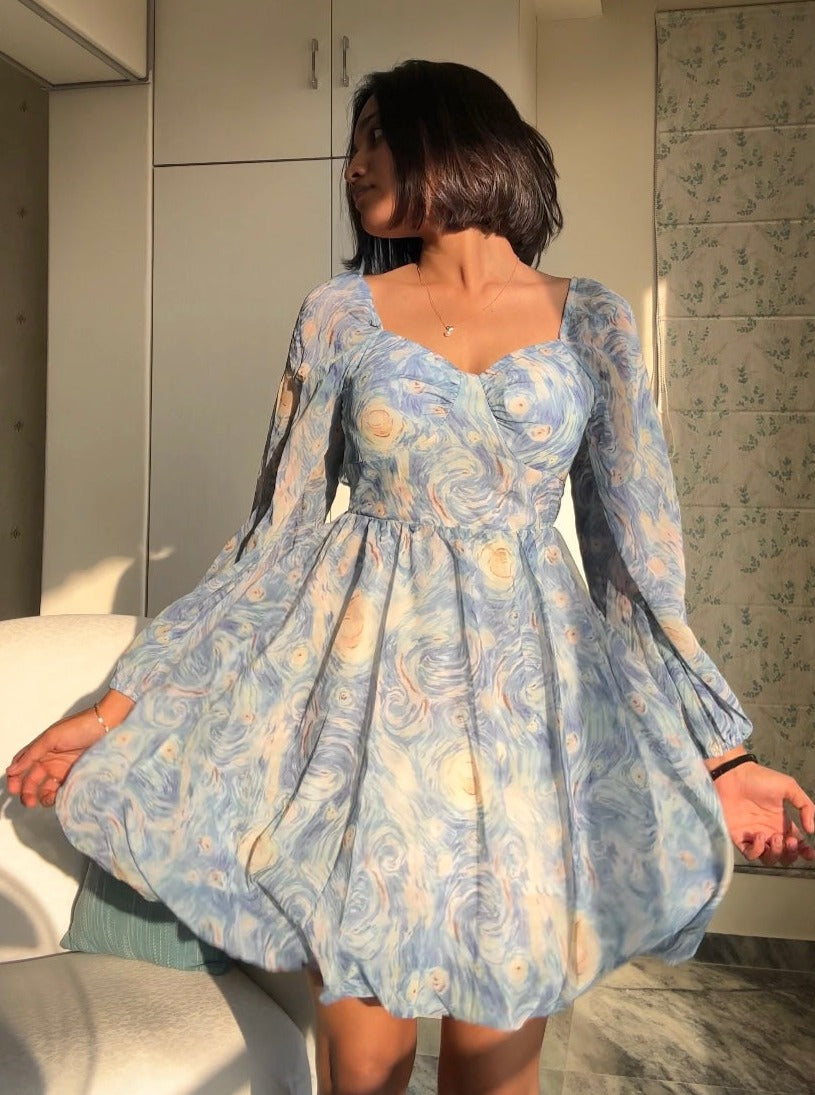 starry night formal dress short Gold Starry Puffy Sleeve Short Cocktail & Party Dress