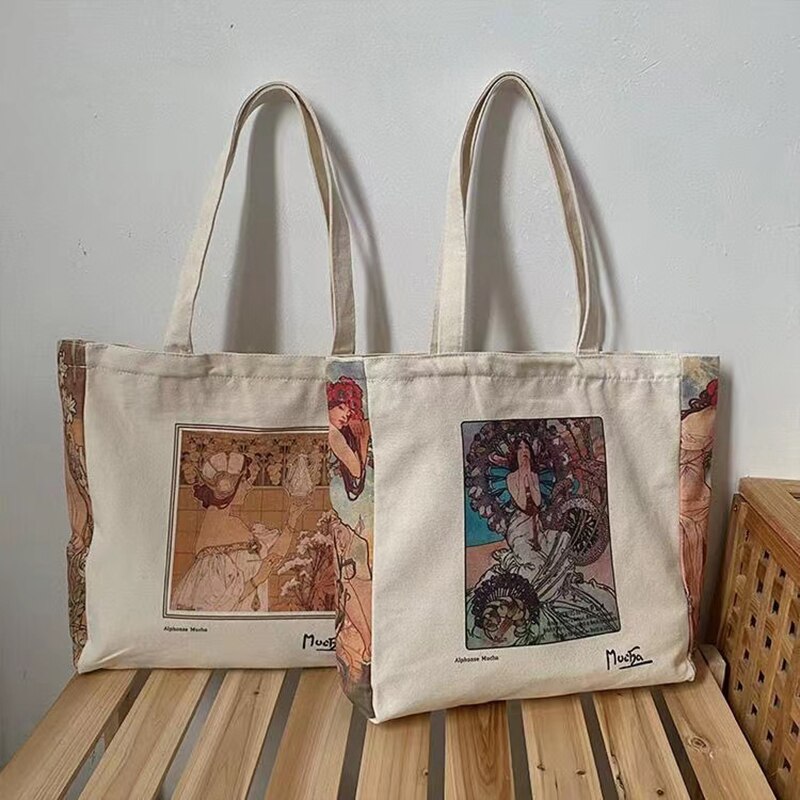 SuyuanArt Alphonse Mucha's Classic Art Tote Bag,Aesthetic Reusable Carry on  Shoulder Tote Women