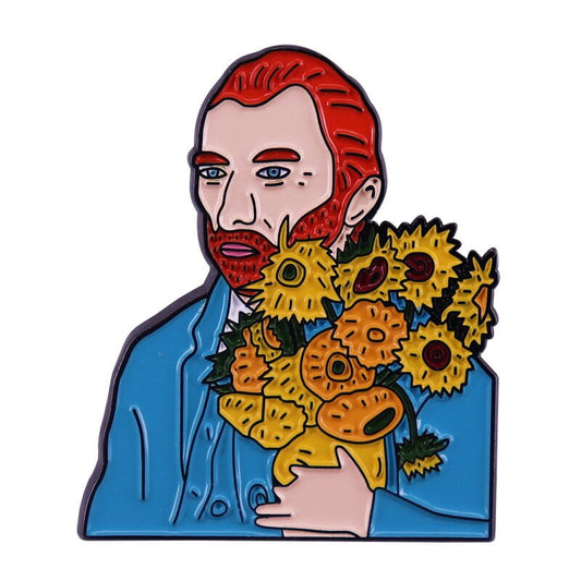 Van Gogh with sunflowers enamel pin
