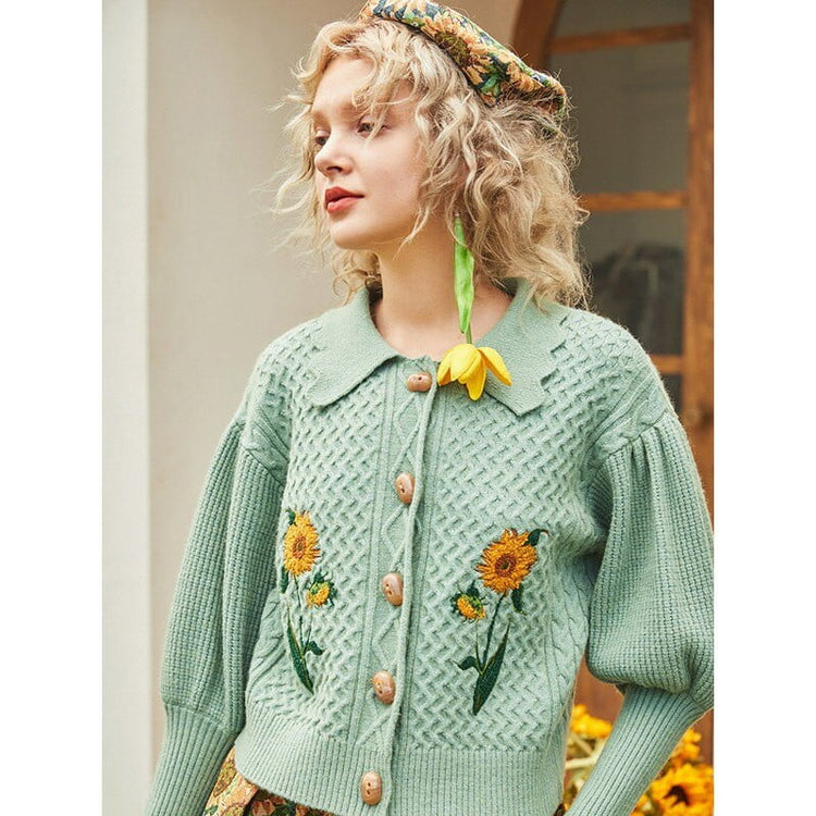 Van Gogh sunflowers Puff Sleeve Knitted Cardigan