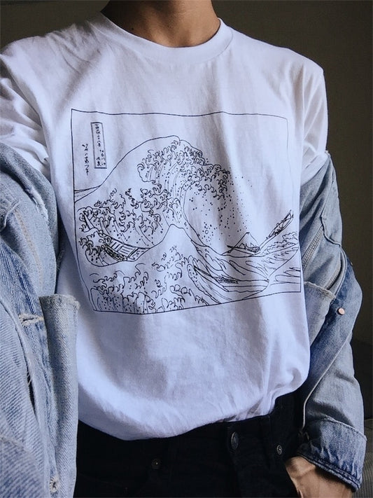 T-shirt dessin au trait Hokusai Wave